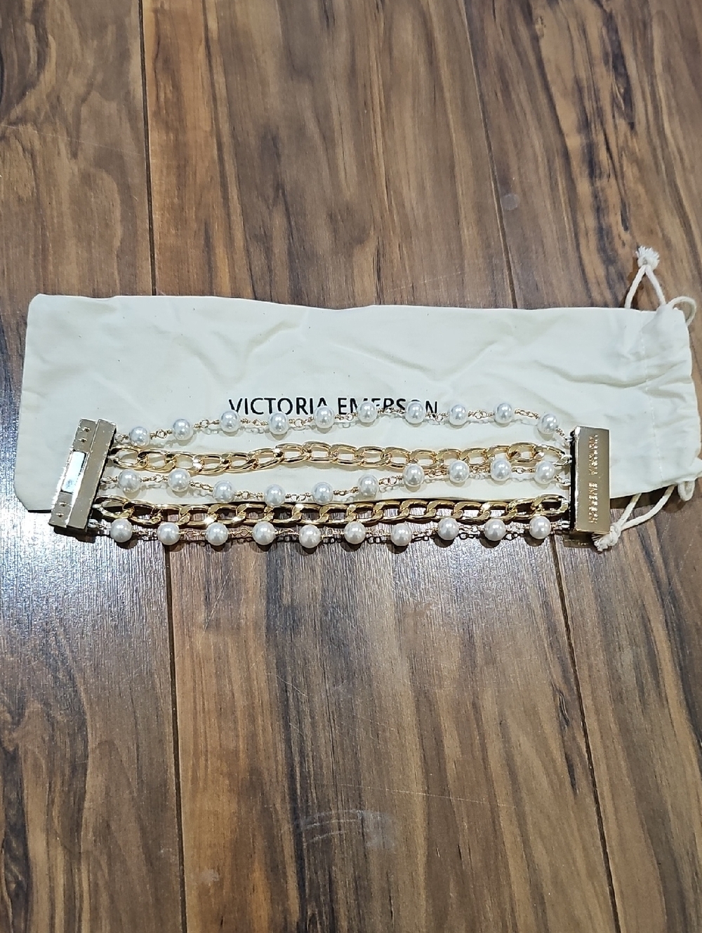 Victoria Emerson Gold and White Pearl Multi-Strand Bracelet Watch Accent